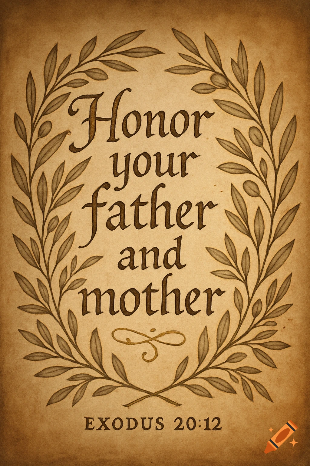 Calligraphic text 'Honor your father and mother EXODUS 20:12' in a leafy wreath on aged parchment.
