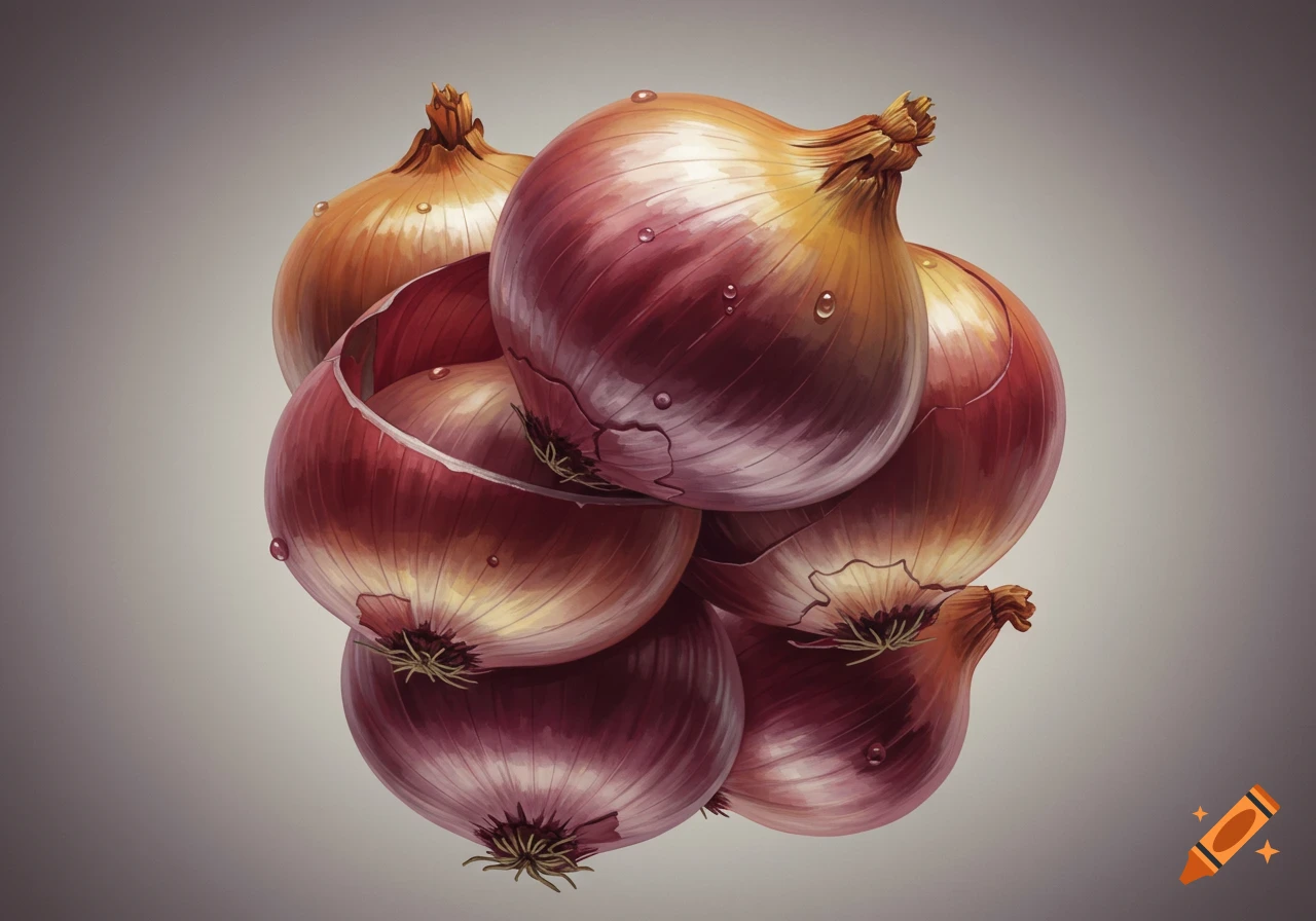 Several red and yellow onions, some partially peeled and covered in water droplets, interlocked against a gradient background.