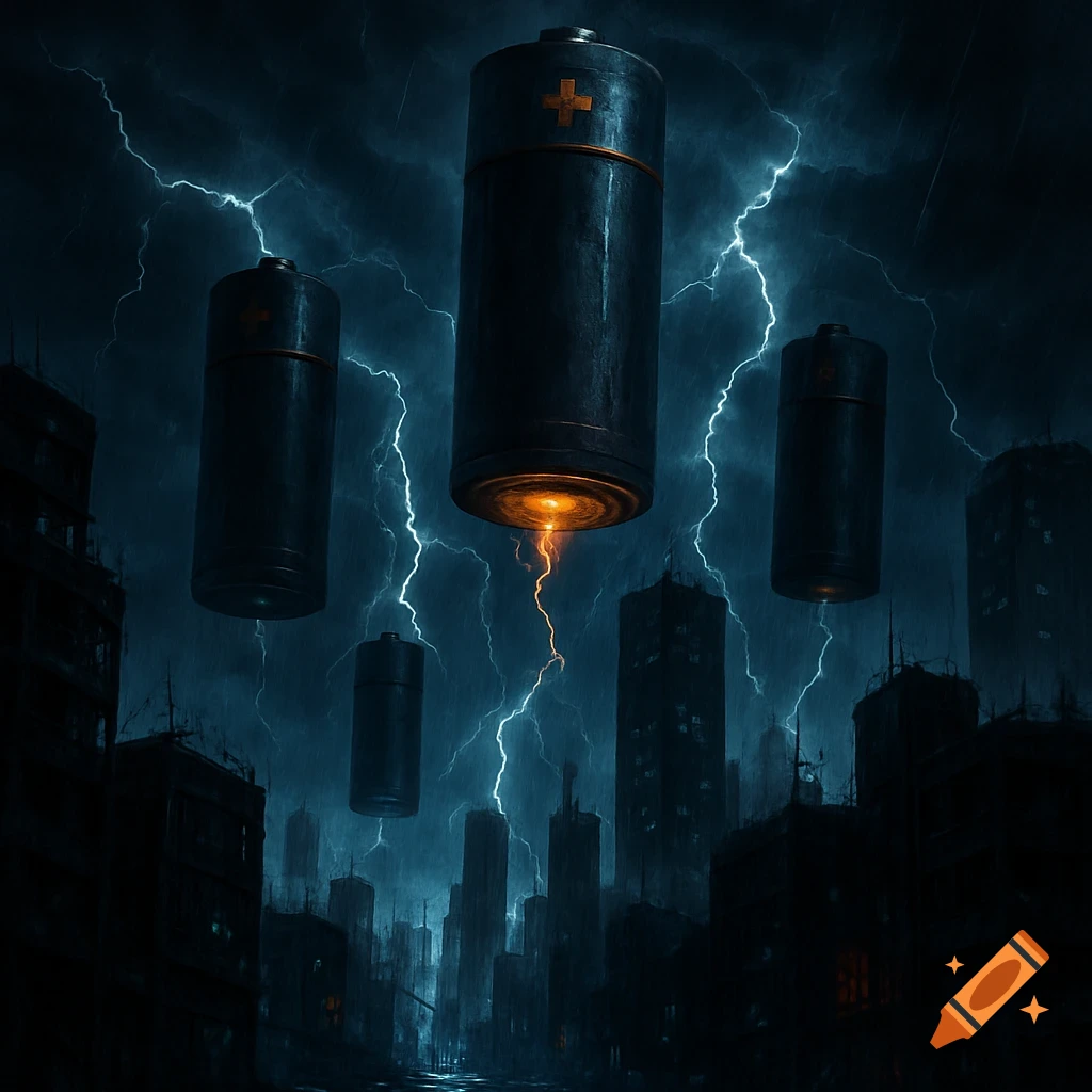 Giant dark batteries float over a rain-soaked, stormy city at night, with bright lightning flashes and glowing energy.