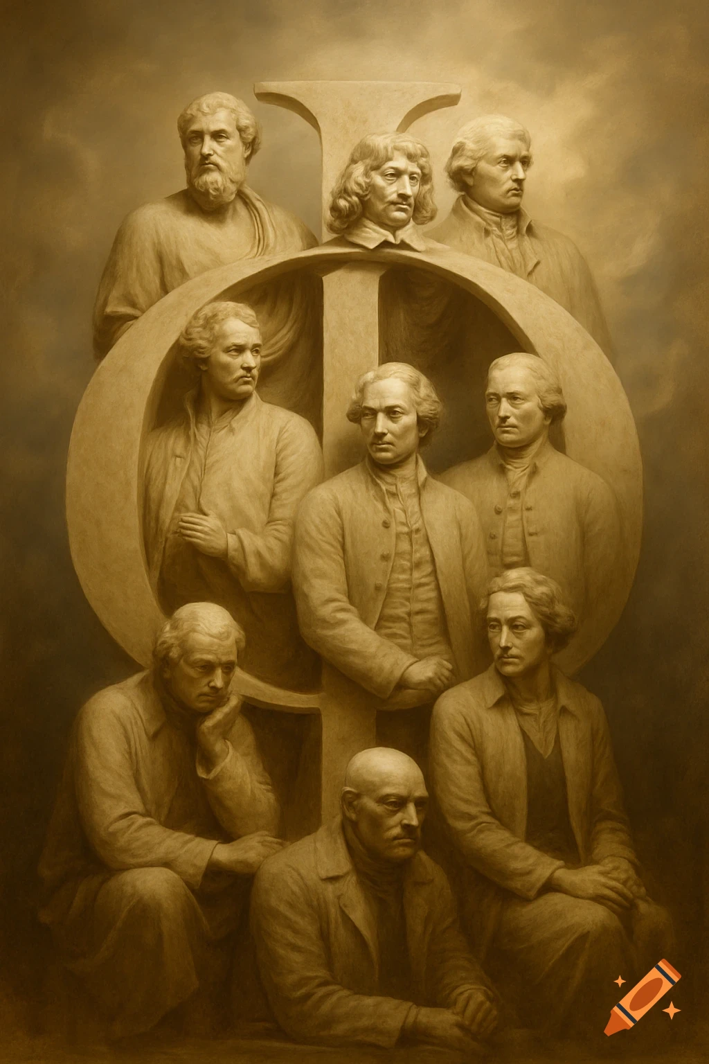 Monochrome sculptural depiction of historical philosophers arranged to form the Greek letter Phi.