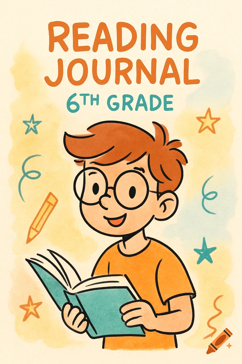 Cartoon illustration of a boy with glasses reading a book, with 'READING JOURNAL 6TH GRADE' text above.