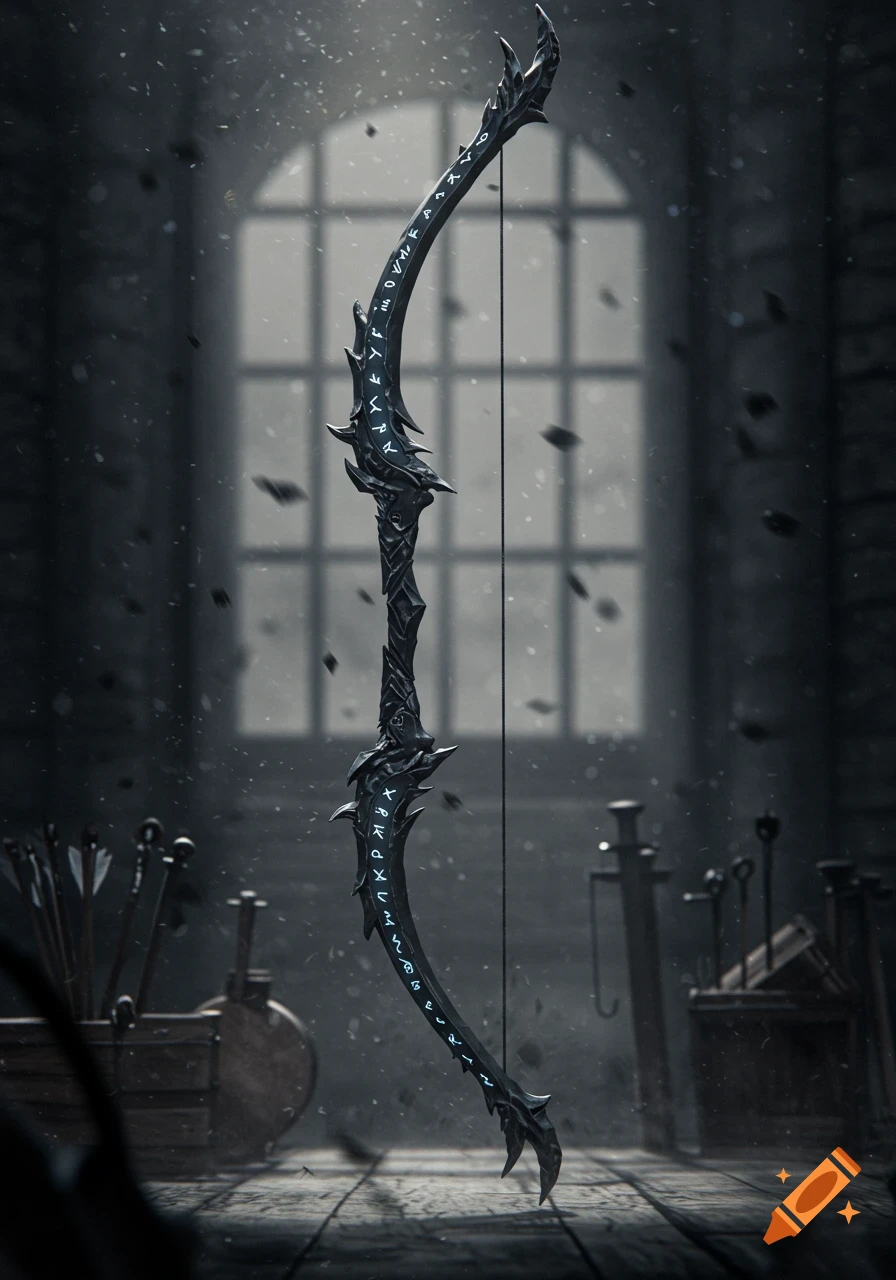 An ornate dark fantasy bow adorned with glowing runes stands upright in a dimly lit, dusty workshop.
