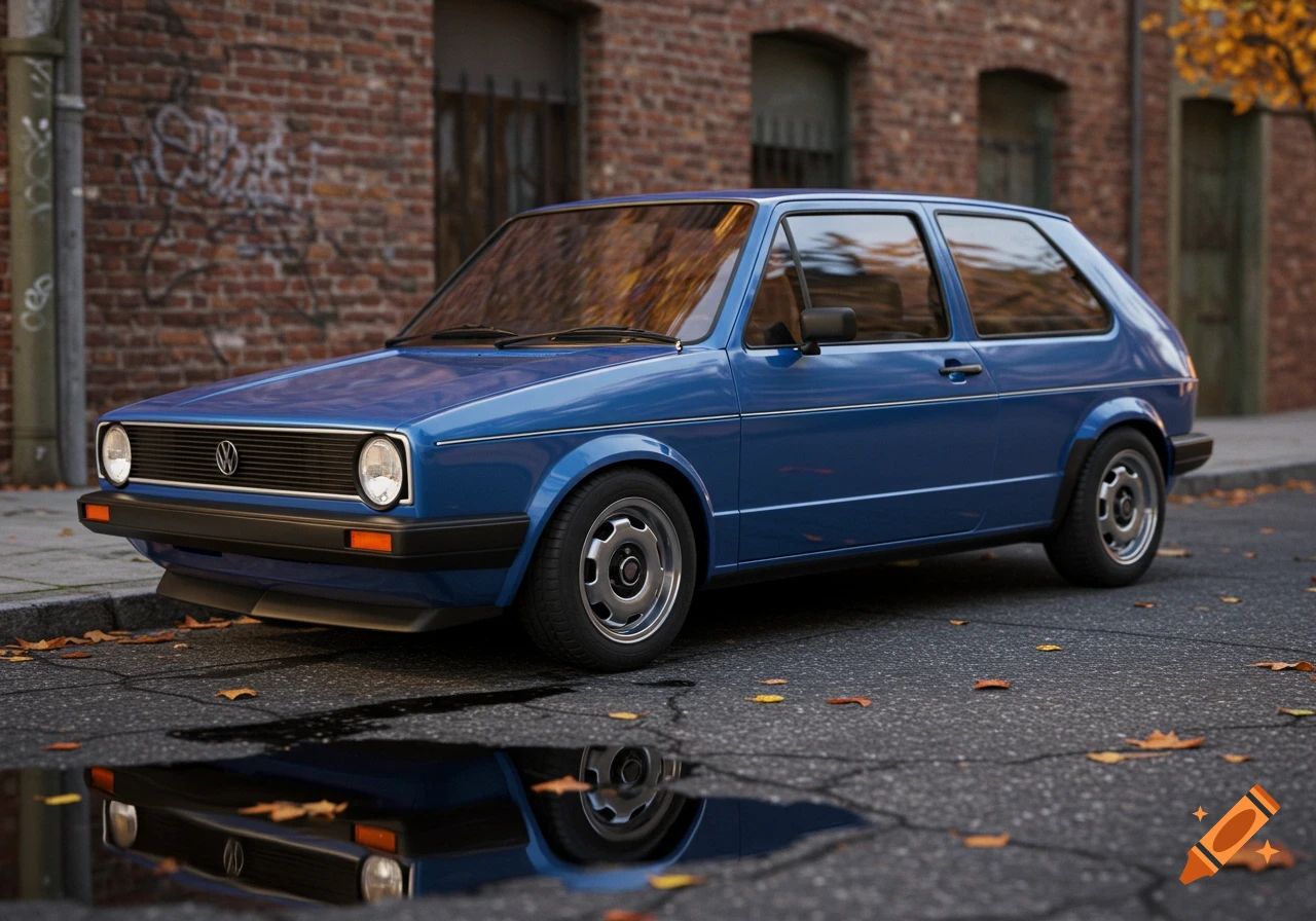 Photorealistic image of a blue Volkswagen Golf car parked on a wet street with fallen leaves, in front of a brick building.