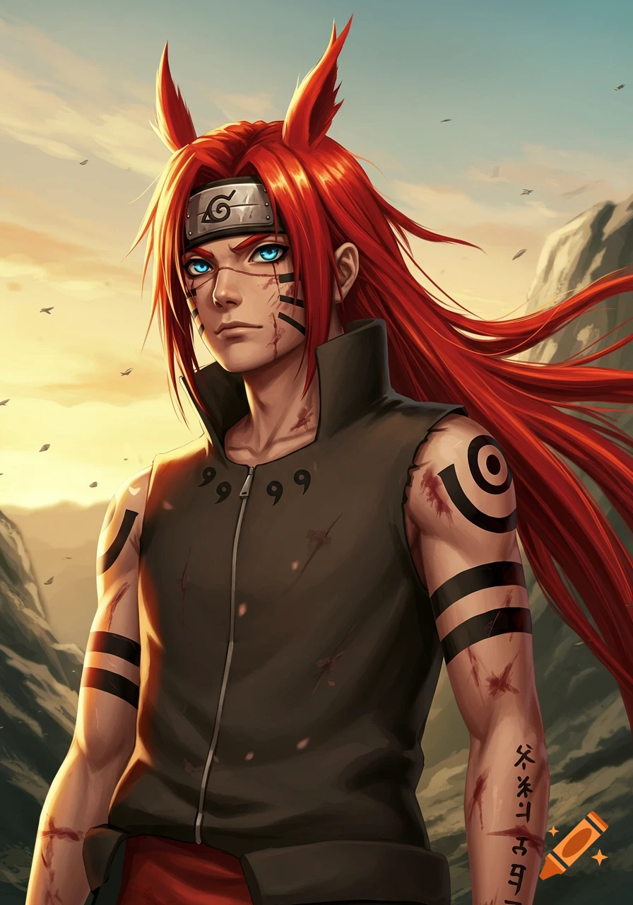 An anime character, possibly a red-haired Naruto Uzumaki, with bright blue eyes, wearing a black sleeveless jacket and a headband, against a mountainous sunset background.