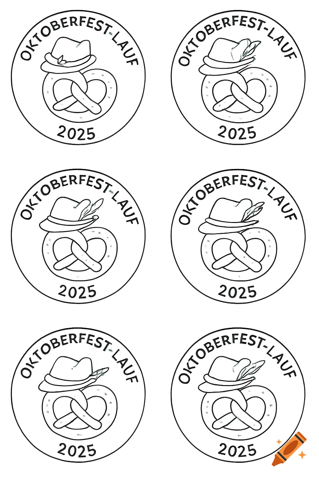 Six outline drawings of an Oktoberfest medal featuring a pretzel, a traditional hat, and the text 'Oktoberfest-Lauf 2025'.
