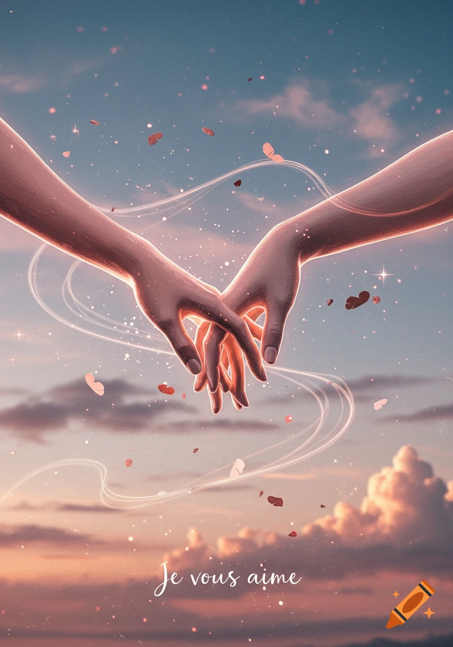 A digital illustration of two hands gently intertwined against a pastel sunset sky with glowing lines and floating hearts, featuring "Je vous aime" text.
