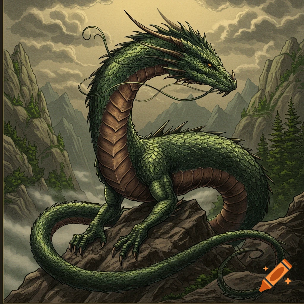 Detailed illustration of a majestic green dragon, coiled on mountain rocks under a cloudy sky.
