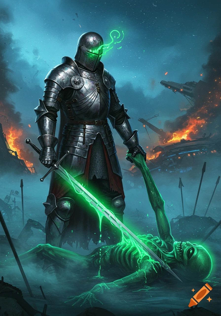 A medieval knight in shining armor with glowing green eyes and sword stands over a defeated, melting green alien on a fiery, ruined battlefield.