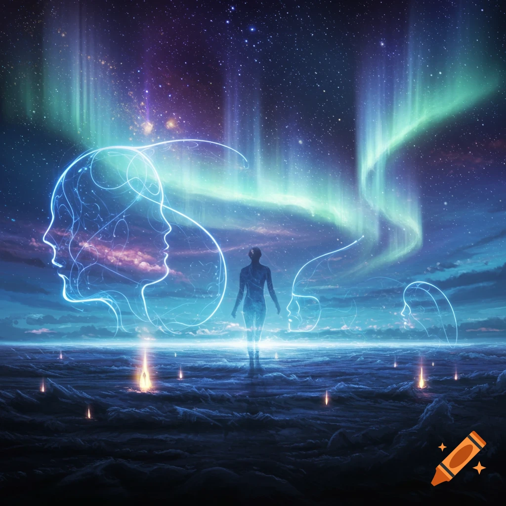 Ethereal glowing figures and outlines of heads under a starry night sky with vibrant aurora borealis over a misty landscape.