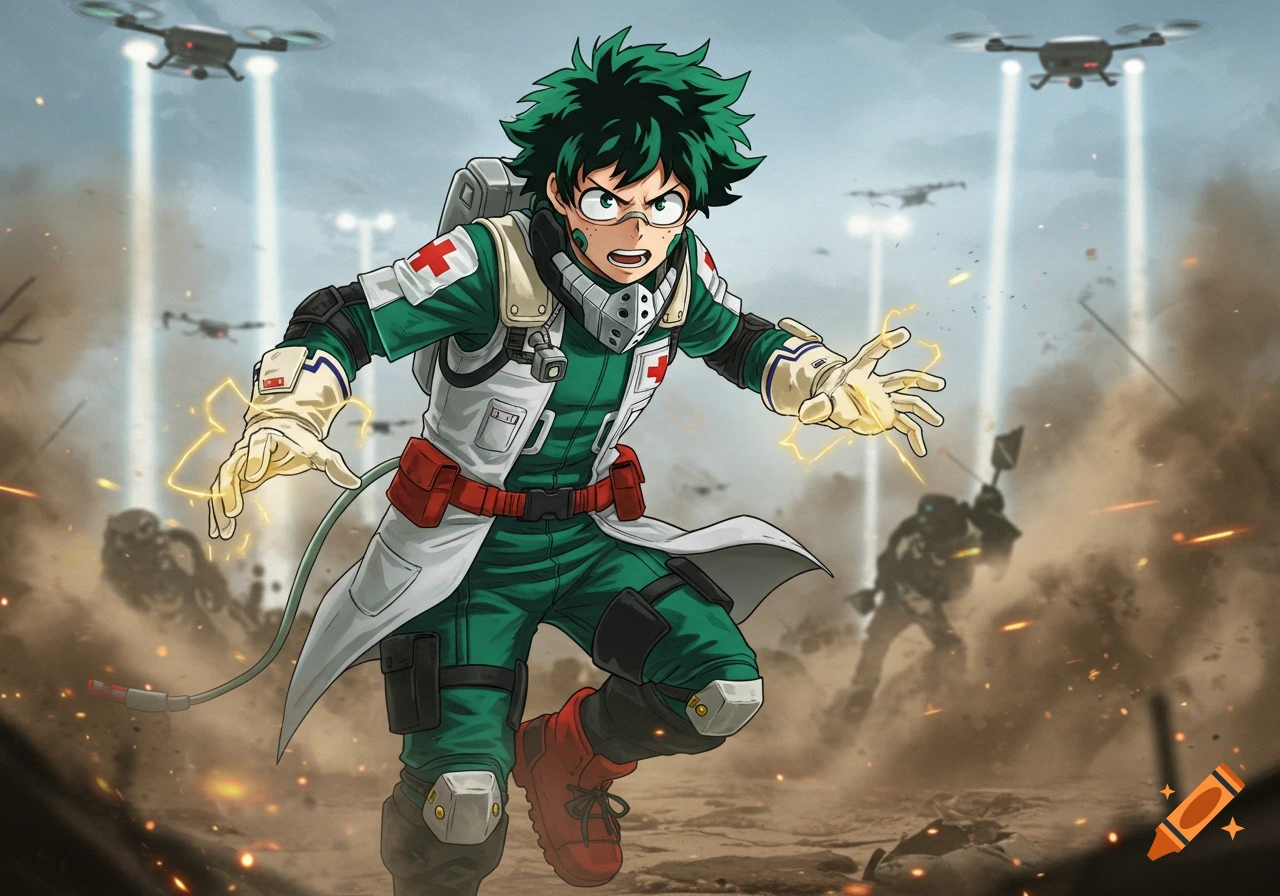 Anime illustration of Deku as a combat medic, running through a dusty combat zone with drones overhead, electricity sparking around his hands.