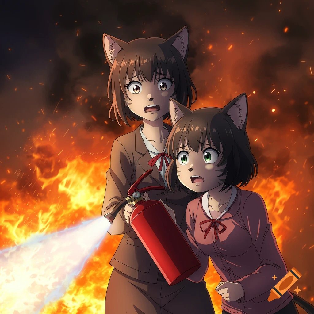 Two panicked anime cat-girls, one operating a fire extinguisher, against a background of raging flames.