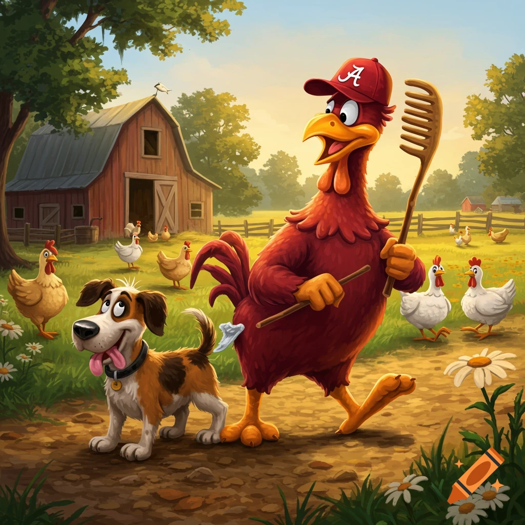 A cartoon rooster in an 'A' baseball cap holds a stick and comb, walking with a happy dog past a barn and chickens on a sunny farm.