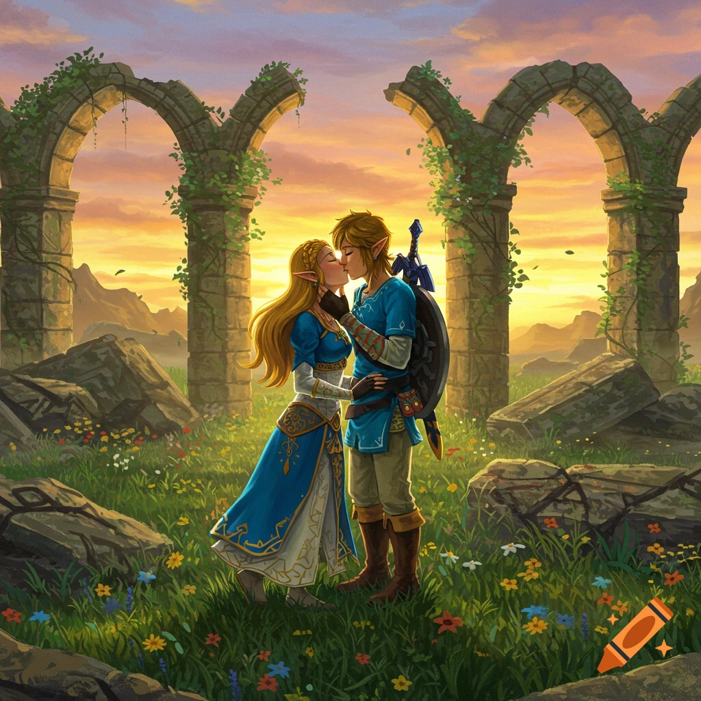 Link and Zelda kiss in a flower-filled field amidst ancient stone arches at sunset, in a vibrant fantasy illustration.