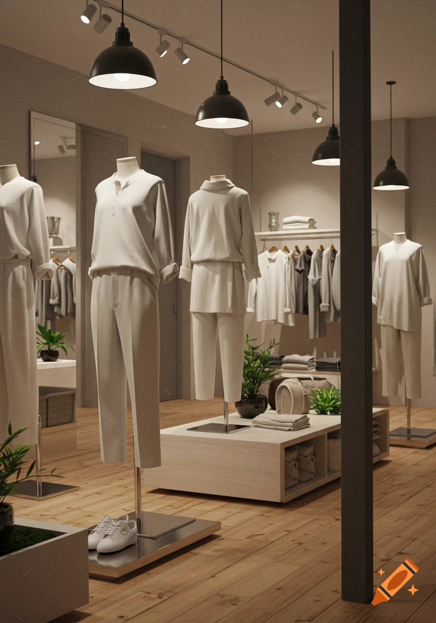 Photorealistic image of a minimalist clothing store interior with mannequins displaying light-colored clothes, racks, folded garments, and potted plants.