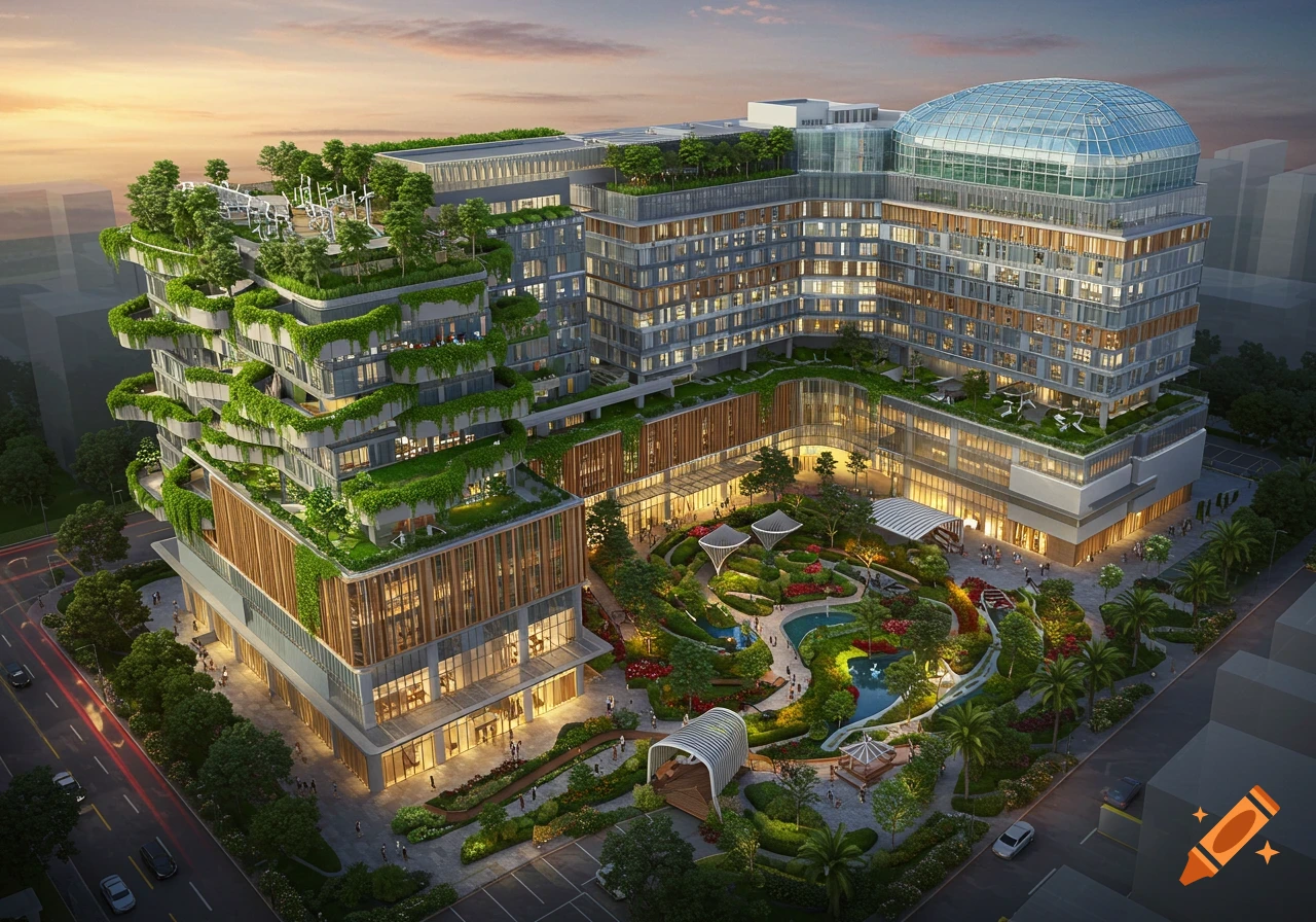 Aerial view of a heart-shaped, modern, eco-friendly hospital building with green terraces and a lush central garden at sunset.