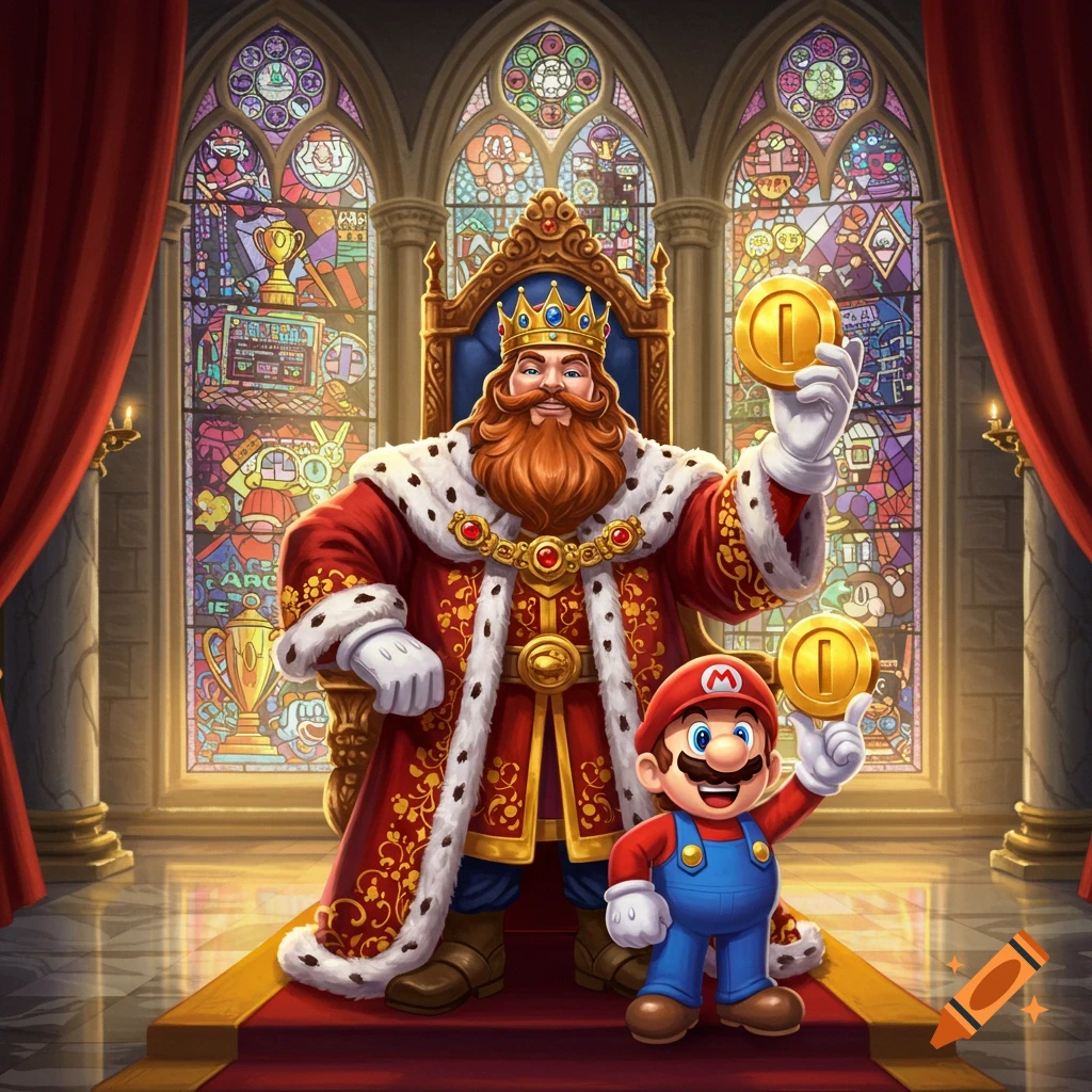 A cartoon king sits on a throne, and Mario stands beside him, both holding golden coins in a lavish royal hall with stained glass windows.