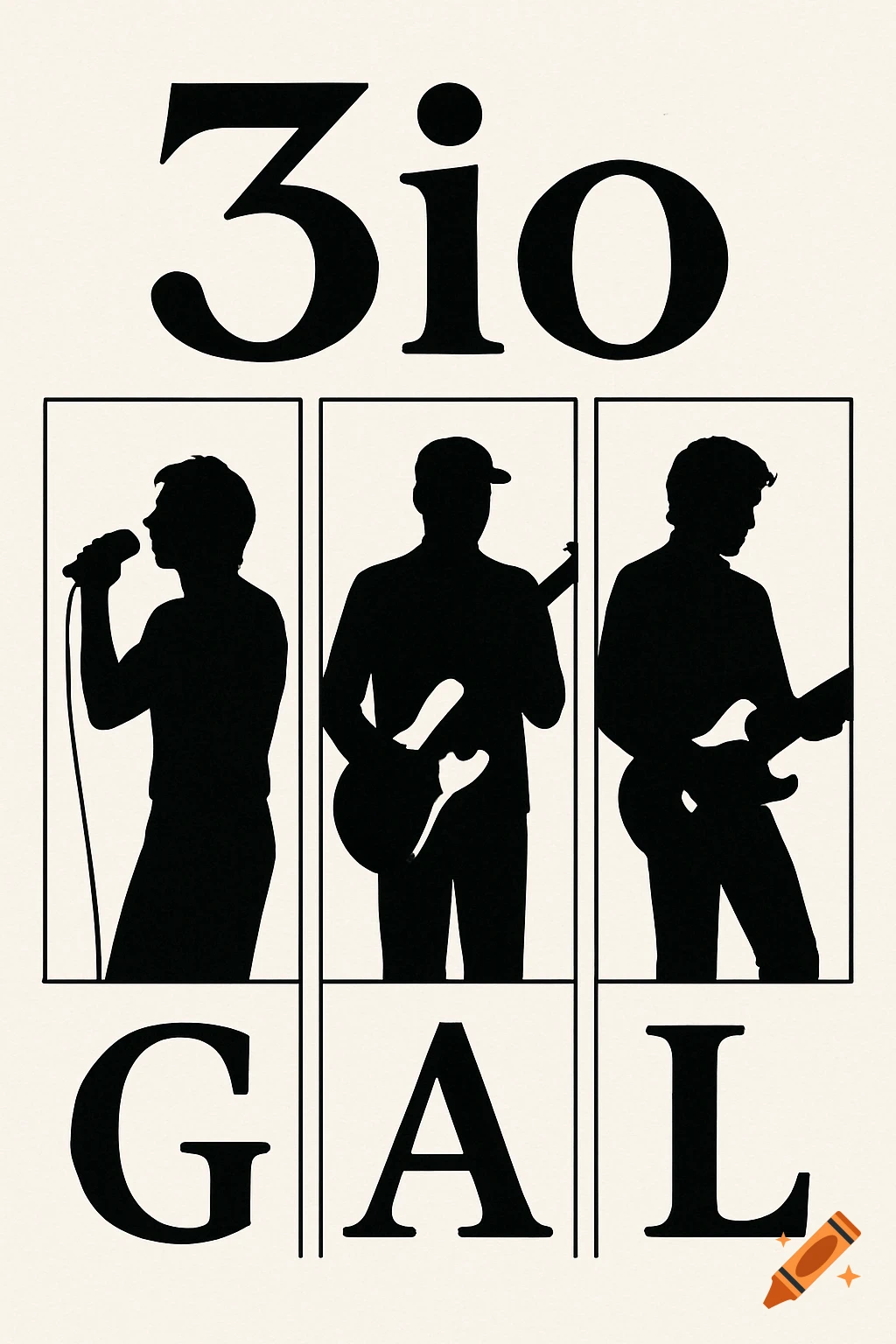 Black silhouettes of a singer and two guitarists in framed sections with '3io' above and 'GAL' below on a light background.