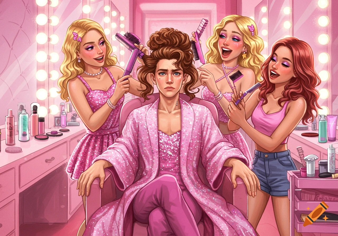 A grumpy boy in a pink glitter robe is styled by three happy girls in a pink beauty salon, an illustration.