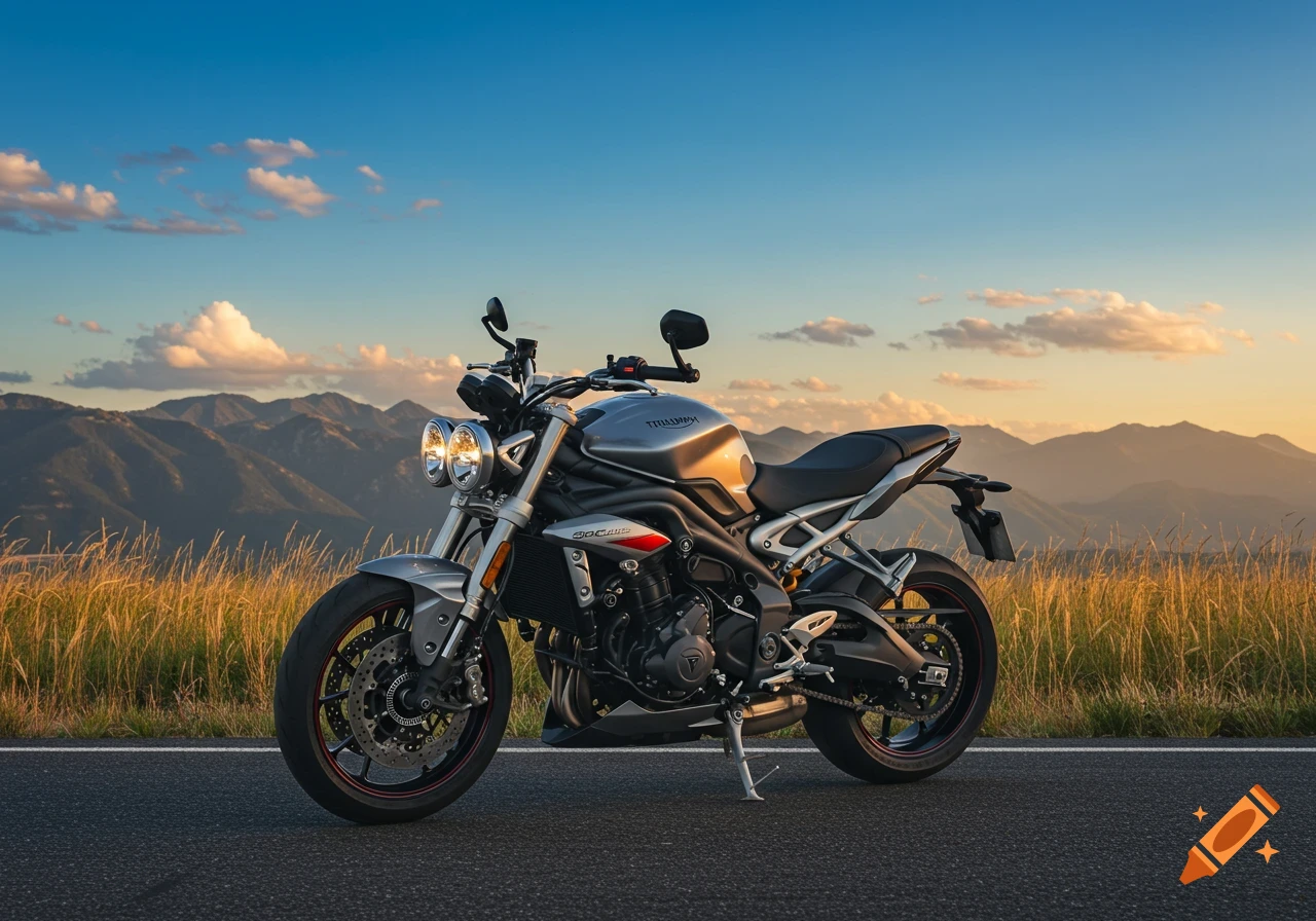 A silver Triumph Speed 400 motorcycle parked on an asphalt road, set against a mountainous landscape with golden grass under a sunset sky.