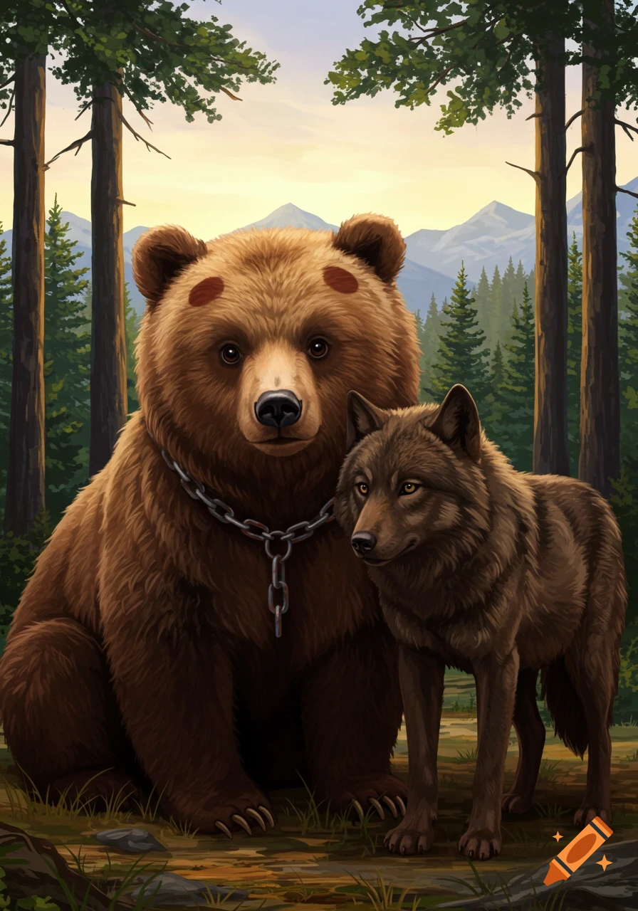 A brown bear with reddish spots above its eyes and a chain collar sits next to a dark brown wolf in a pine forest with mountains.