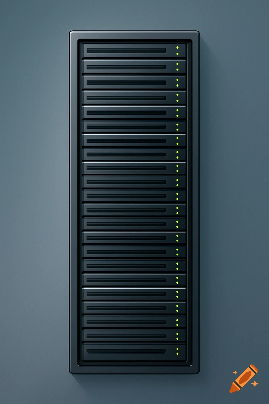 A stylized black datacenter rack with multiple glowing green indicator lights on a plain gray background.