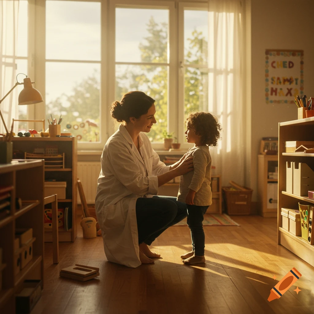 A smiling woman crouches, hands on a young child's shoulders, in a warm, sunlit classroom.