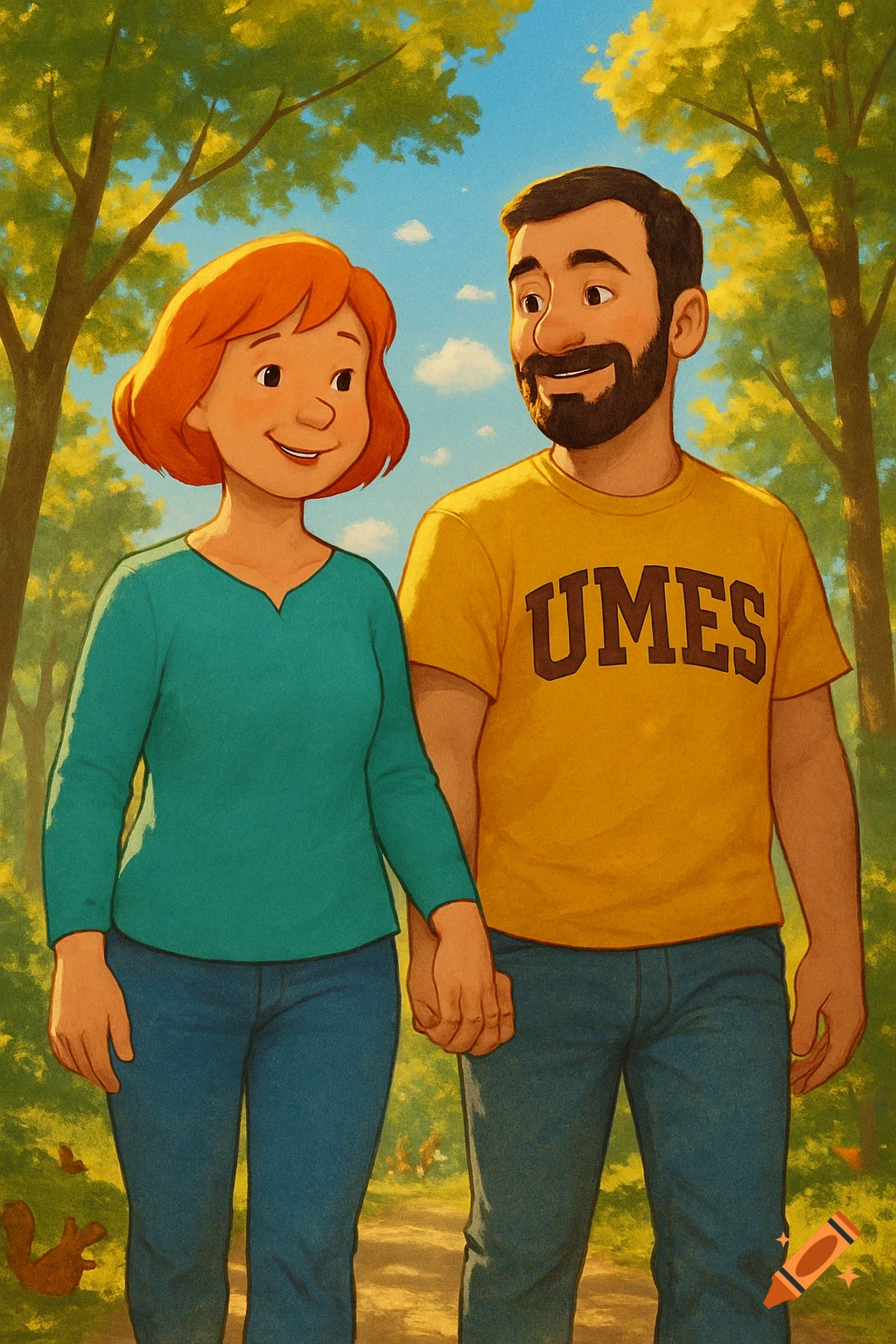 Cartoon couple, a red-haired woman and a bearded man in a 'UMES' shirt, walk hand-in-hand through a sunny park.