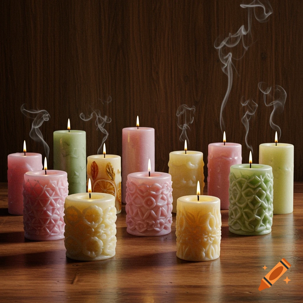Multiple lit scented candles, some with intricate patterns, on a warm wooden surface with smoke rising.
