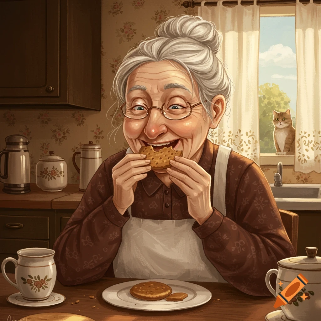 A smiling old woman with white hair eats a biscuit at a kitchen table. A cat looks in from a sunlit window.