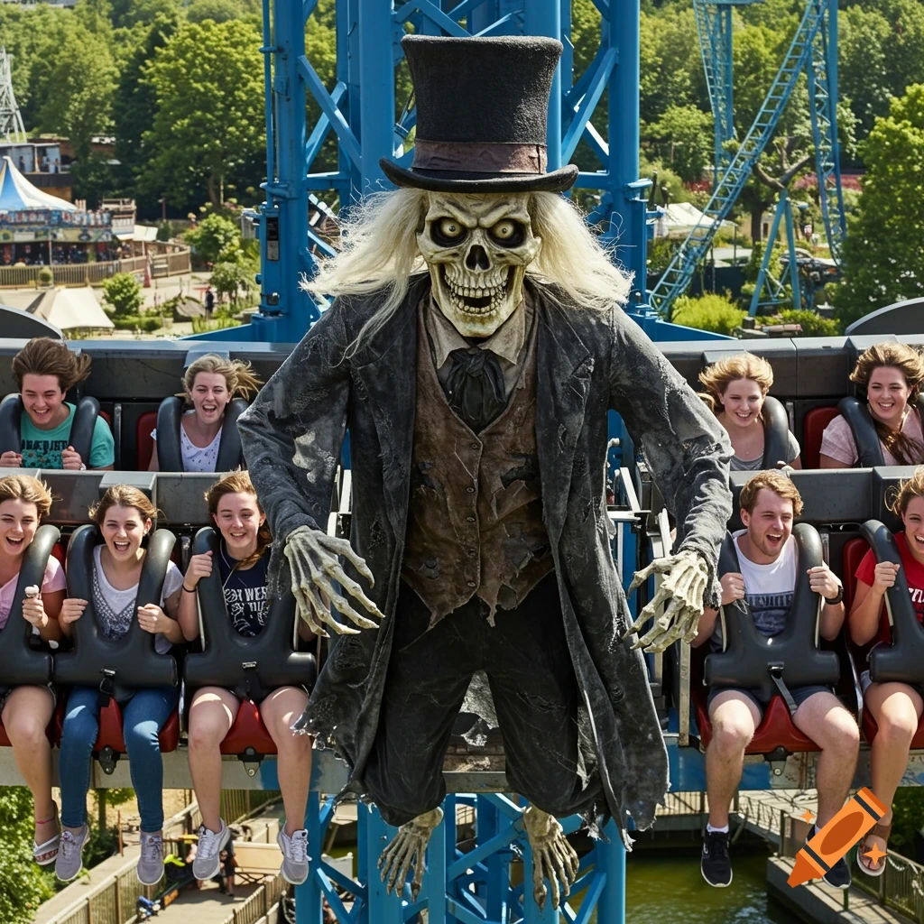 A scary skeletal figure in a top hat and coat rides a drop tower rollercoaster with smiling people at an amusement park.