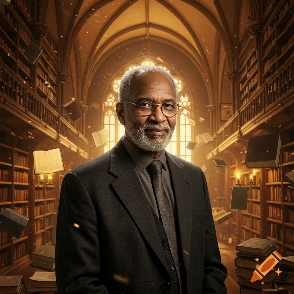 A distinguished man with a gray beard and glasses stands smiling in a grand library with books floating around him, photorealistic.
