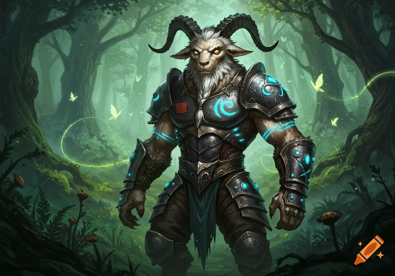 A formidable armored goat-man warrior with glowing blue markings stands in a magical, misty forest with luminous butterflies.