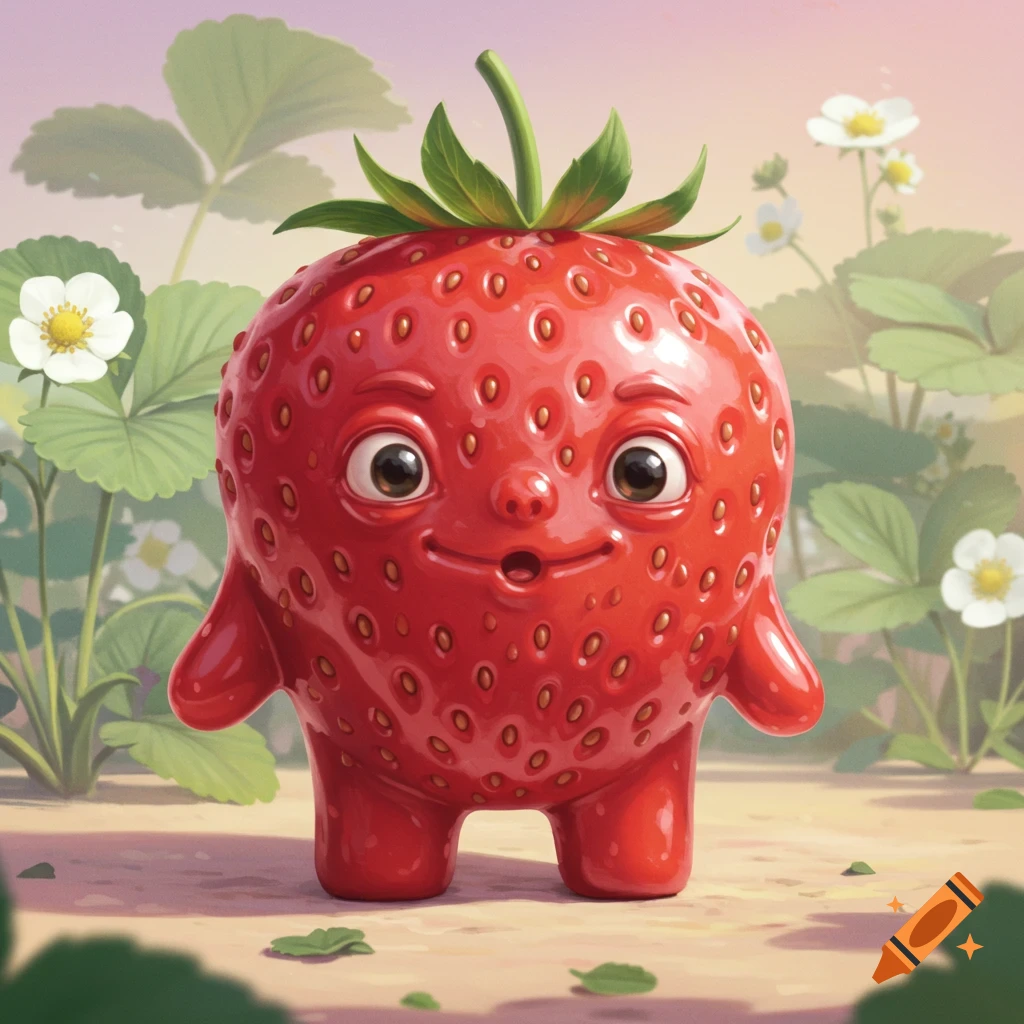 A cute, cartoon red strawberry character with a smiling face, arms, and legs stands in a garden of strawberry plants.