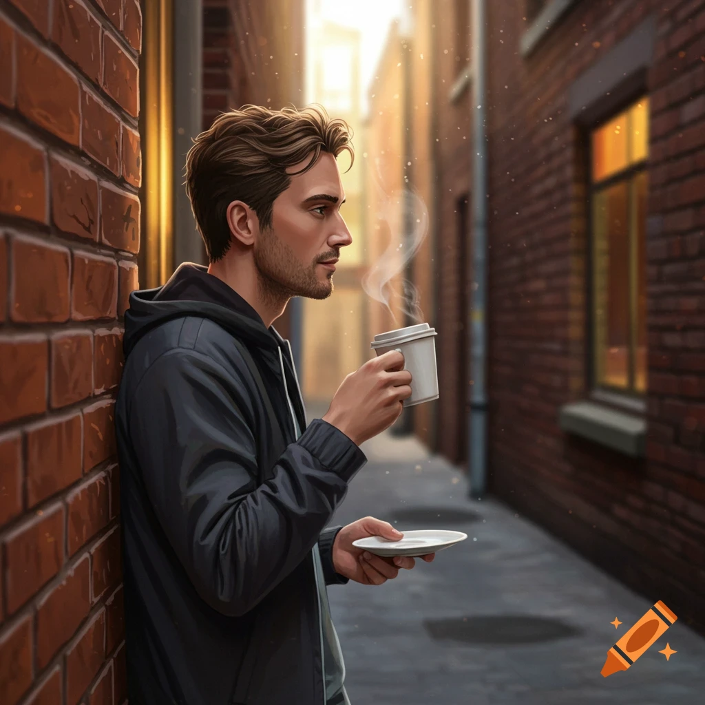 A man in a dark hoodie leans against a brick wall in a sunlit alley, holding a steaming coffee cup and a plate.