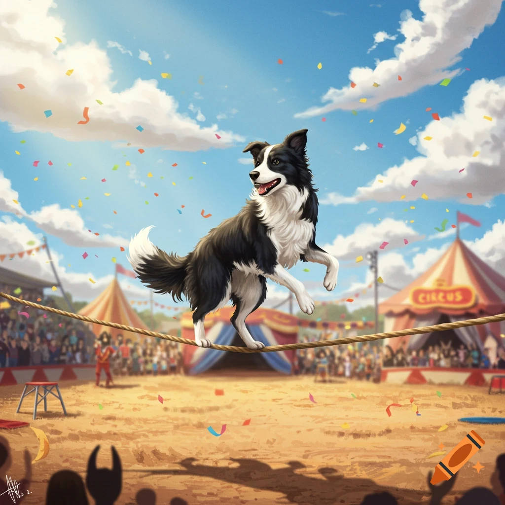 Illustrated Border Collie balancing on a tightrope at a sunny outdoor circus with confetti falling.