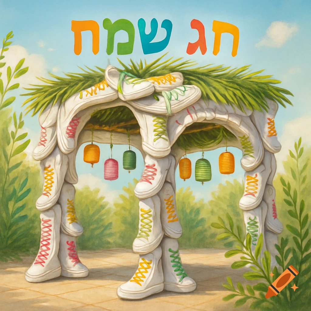 A whimsical Sukkah-like structure made of white shoes with colorful laces and lanterns, topped with palm fronds, with Hebrew text 'Happy Holiday' in a painted style.