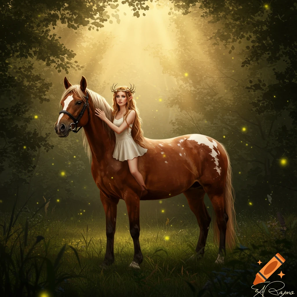 An elf-like woman with long blonde hair and a white dress sits bareback on a brown and white horse in a sunlit, magical forest with glowing fireflies.