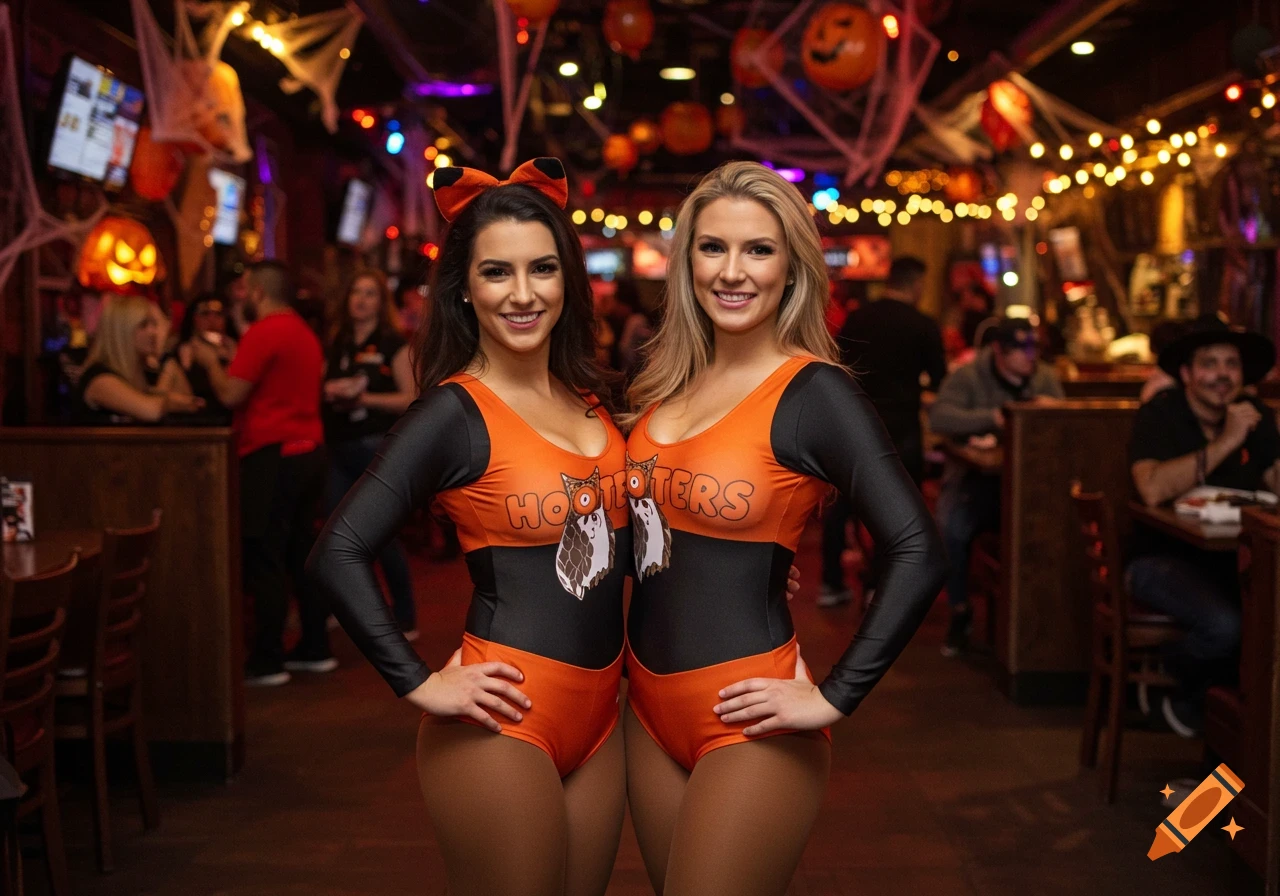 Two women in Hooters uniforms and tights pose in a Halloween-decorated restaurant with jack-o'-lanterns and string lights.