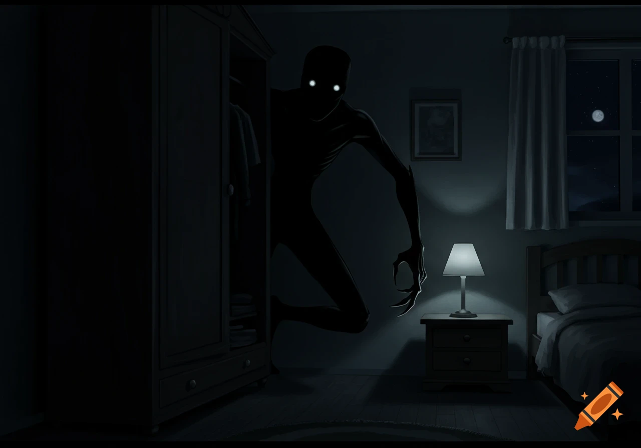 A dark, shadowy monster with glowing white eyes and sharp claws emerges from a wardrobe in a dimly lit bedroom at night.