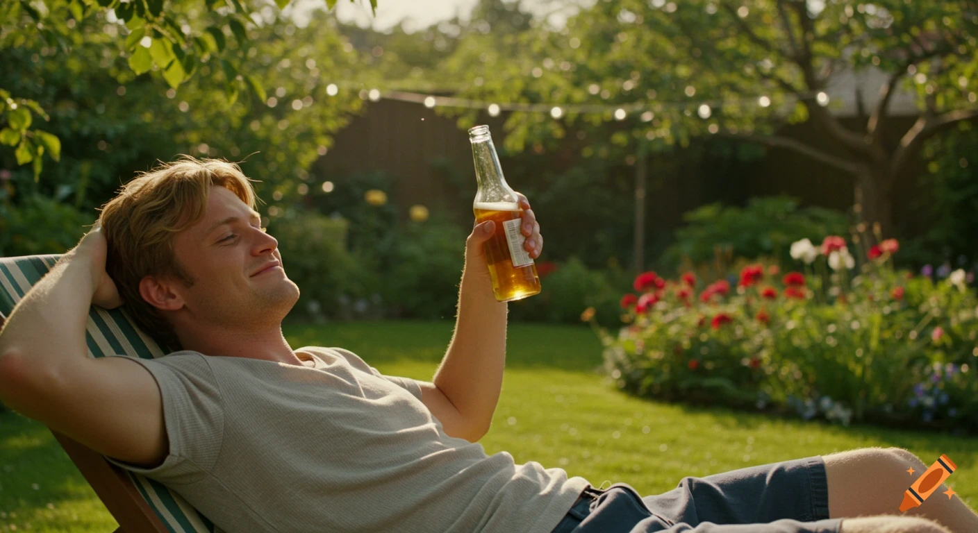 Photorealistic image of a man relaxing in a garden lounge chair with a beer, enjoying the sun.