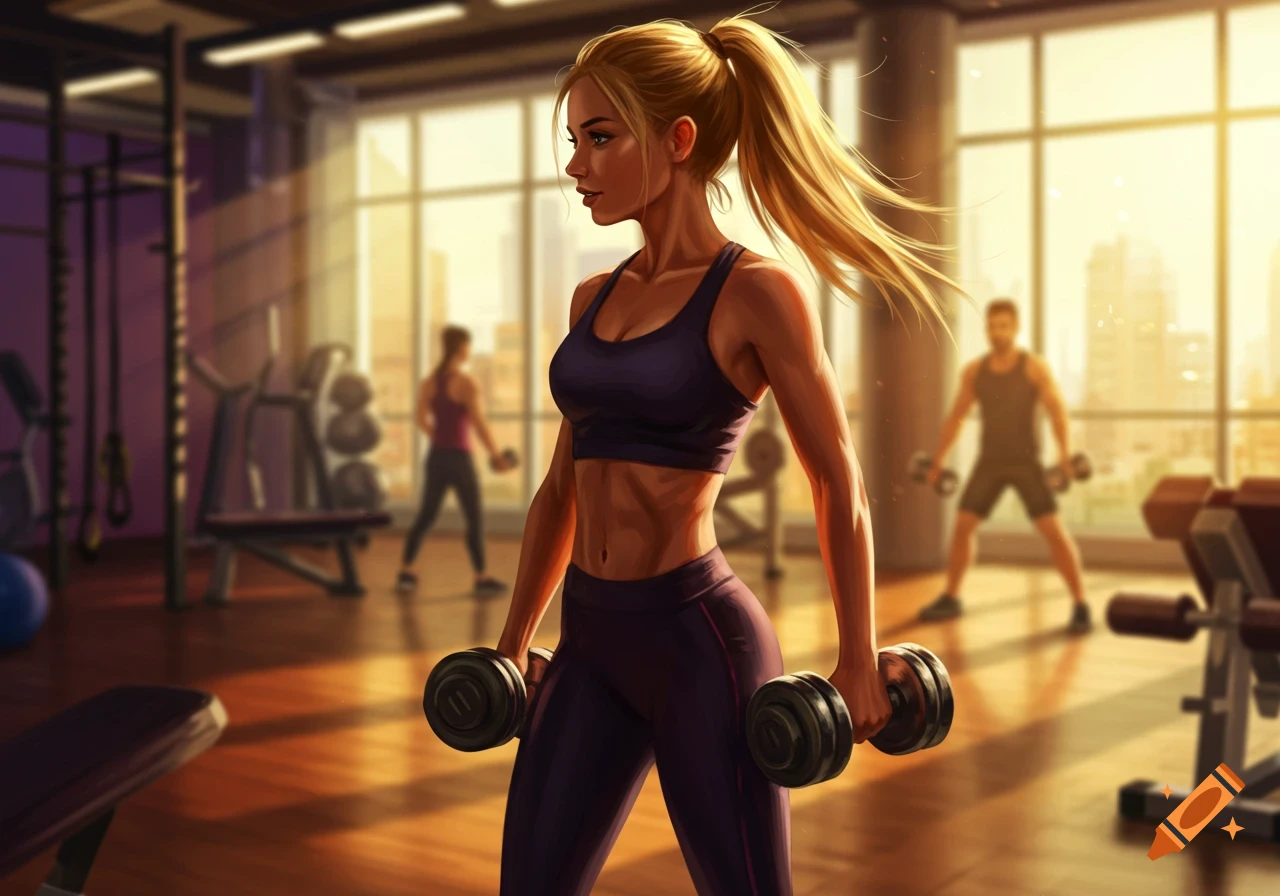 A fit blonde woman in a sports bra and leggings holds dumbbells in a stylized gym, with blurred figures in the background.