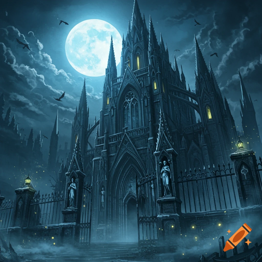 A dark, intricate gothic castle with towering spires, illuminated by a large, bright full moon in a cloudy night sky. Crows fly around the castle, and mysterious fog with glowing specks blankets the foreground.