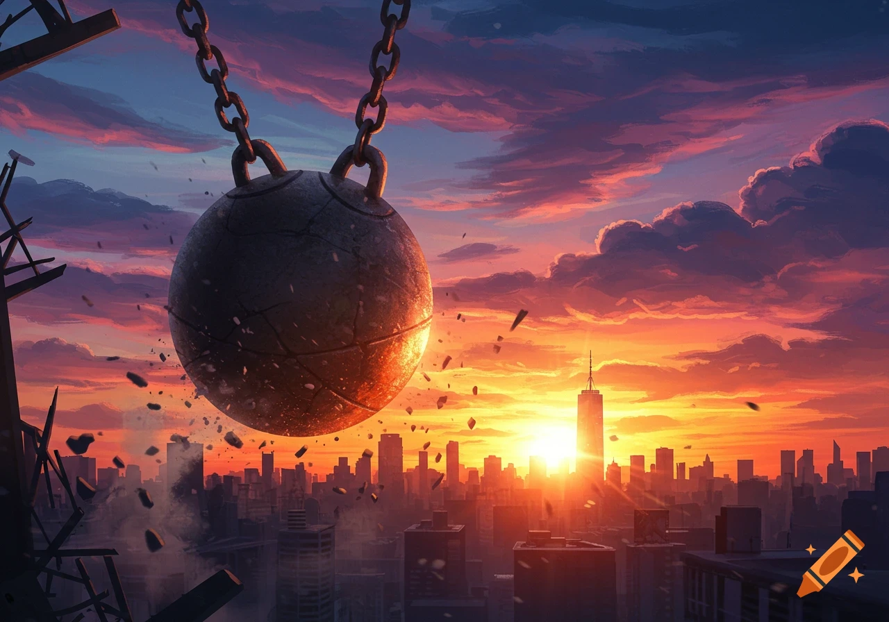 A wrecking ball swings over a city skyline at sunset, debris flying, in a digital painting style.