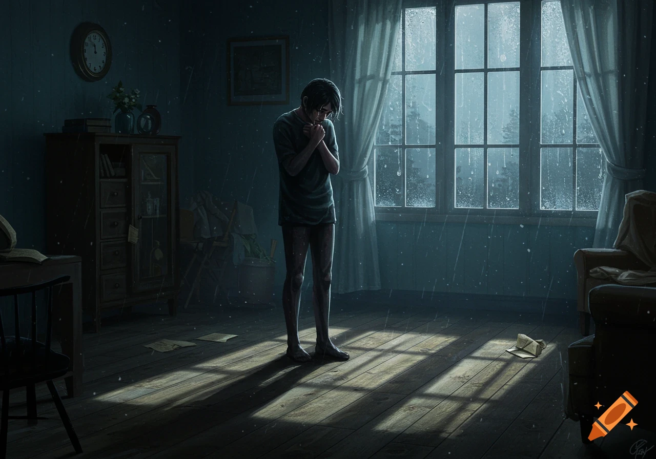 A somber figure stands in a dimly lit room, illuminated by light from a rainy window.