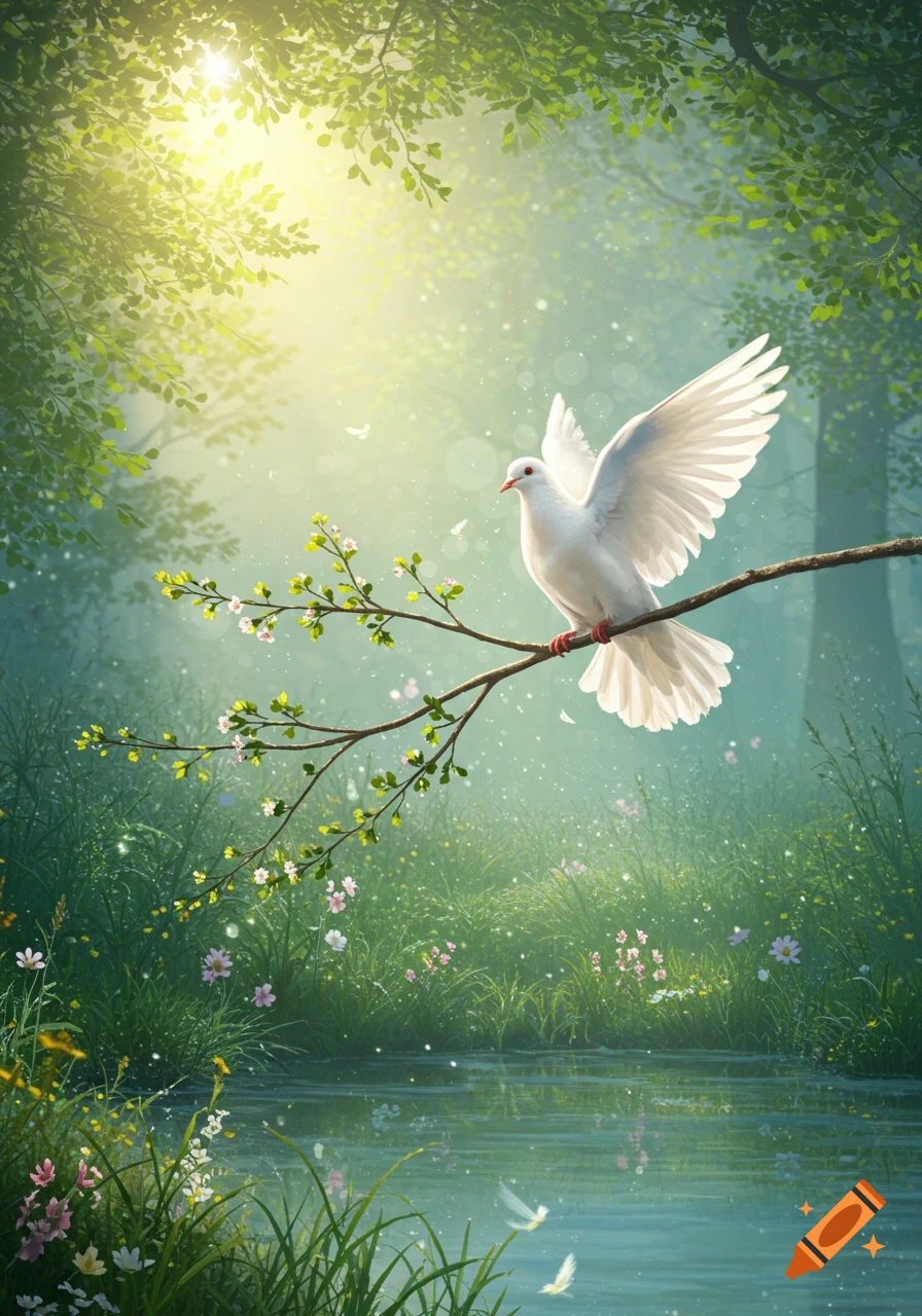 A white dove with spread wings perches on a flowering branch in a sunlit, green forest with a pond.