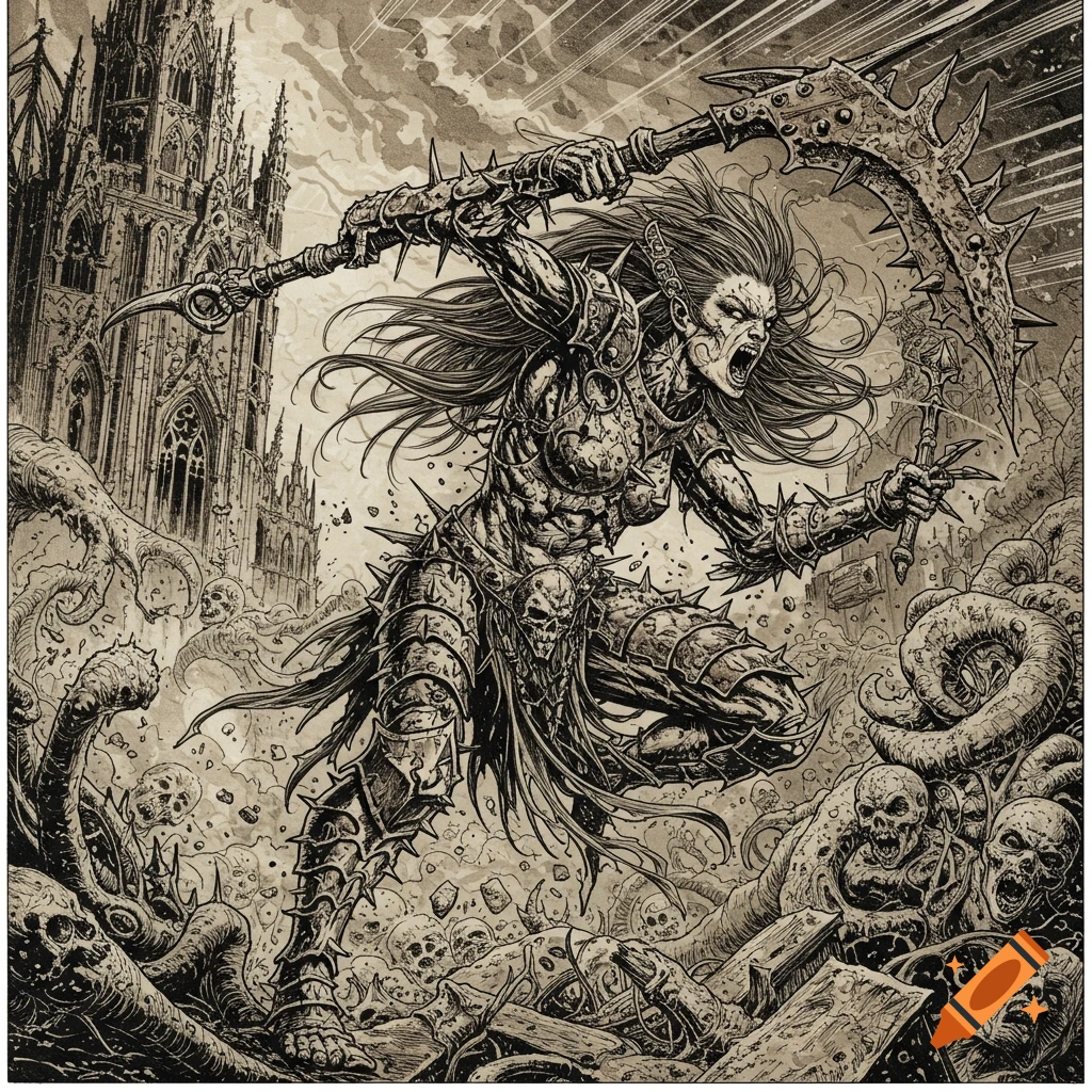 Gothic warrior in spiked armor, wielding a jagged scythe, fighting amidst skulls, tentacles, and a crumbling cathedral in a detailed pen-and-ink style.