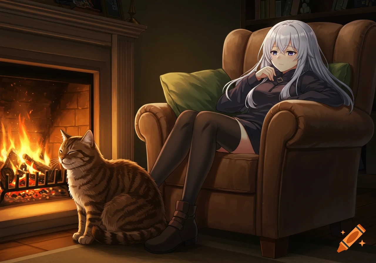 An anime girl with silver hair sits in an armchair while a tabby cat naps by a warm fireplace in a cozy living room.
