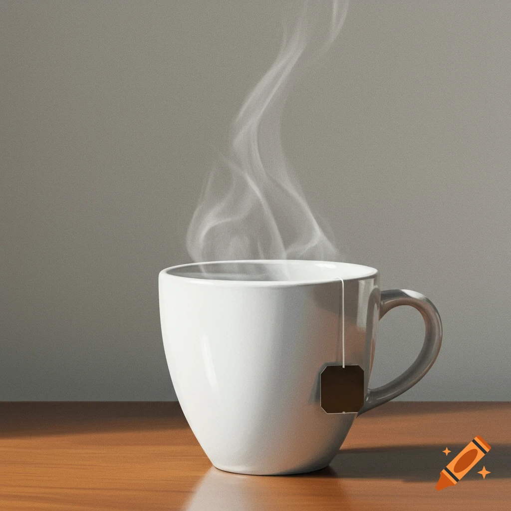 Photorealistic image of a steaming white teacup with a square tea bag on a wooden table.