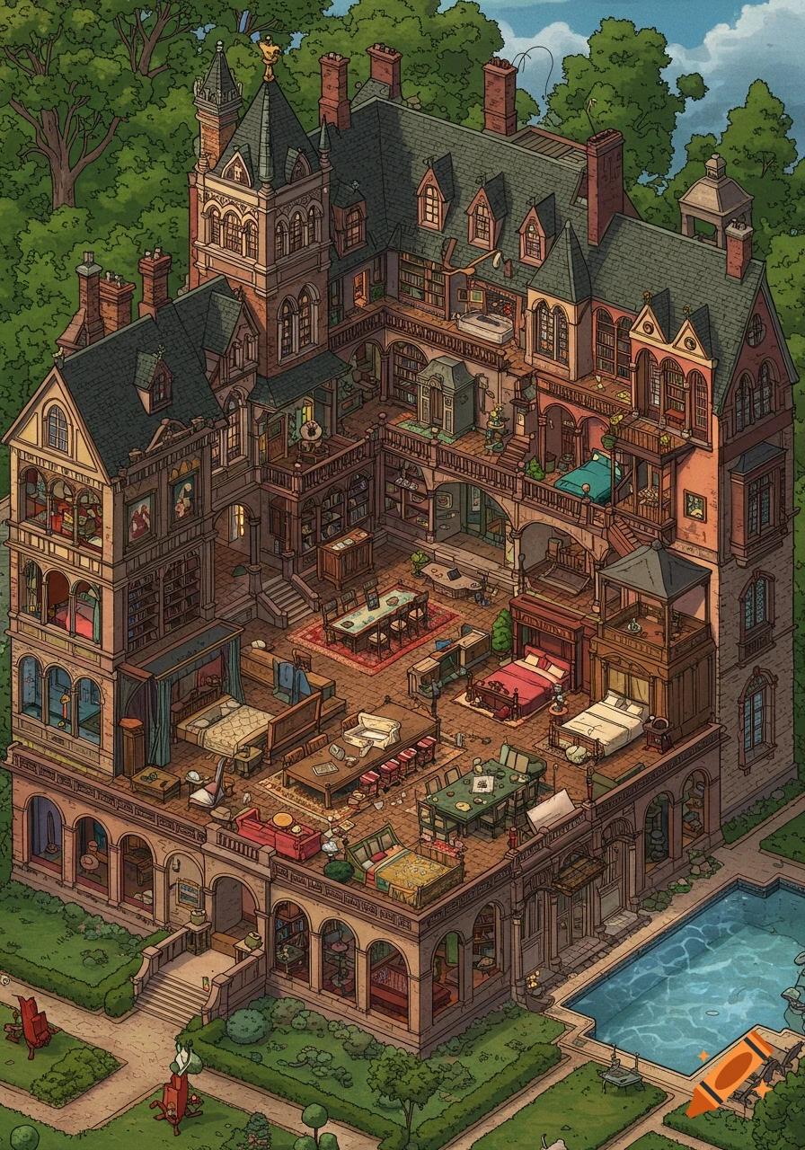 Detailed isometric illustration of a large, multi-story house cutaway, showing many furnished rooms, a library, dining room, garden, and swimming pool.