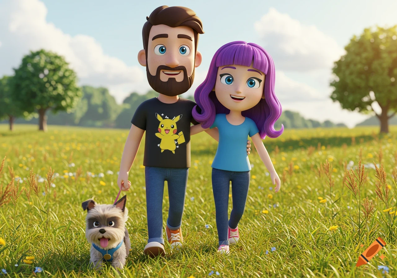 A 3D cartoon man with a Pikachu shirt, a woman with purple hair, and a small dog walk in a sunny grassy field.